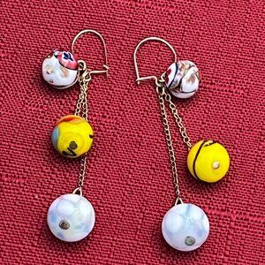 Vintage Gold Tone Glass Bead Ball Dangle Earrings